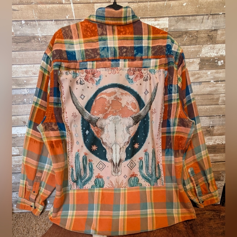 Boho Southwestern Bull Cactus Upcycled Dip Dye Bleached Flannel Shirt